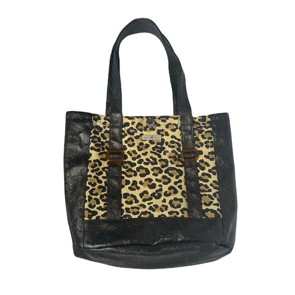 Isabellas Journey Black Faux Leather Tooled Leopard Animal Print Purse Tote Bag - Picture 1 of 8